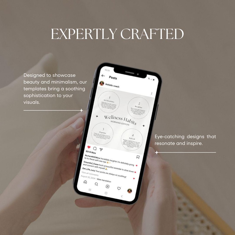 May include: A smartphone displaying a social media post with a minimalist design featuring four circles with text inside. The circles are labeled "Wellness Habits - Morning Edition" and each circle contains text about a different wellness habit. The post has 8514 likes and a caption that reads "Sharing incredible insights I'm definitely bringing to my self-care type... Grounded. Grace. Such a beautiful reminder to slow down and connect with myself.  ZMLINK.  Love your posts are always so soothing."