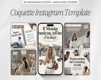 Coquette Instagram Templates | 30 Posts & 30 Stories | Soft Feminine Canva Templates for Content Creators and Influencers