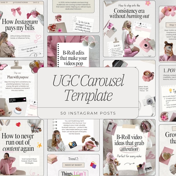 UGC Carousel Instagram Templates | 50 Carousel Posts | Canva Templates for UGC Creators & Content Creators