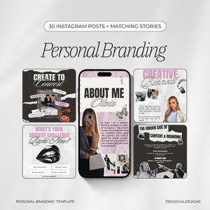 Puede incluir: Una plantilla de marketing digital para la marca personal, con 30 publicaciones de Instagram e historias a juego. El diseño incluye texto como "Personal Branding", "About Me" y "Creative Burnout", con una combinación de colores rosa y negro.