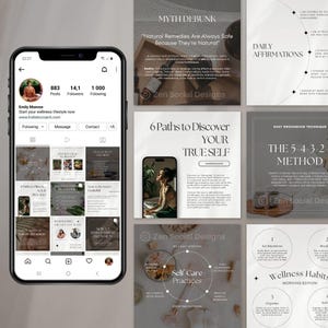 May include: A collage of Instagram posts about wellness and self-care. The posts feature quotes about natural remedies, discovering your true self, grounding techniques, self-care practices, and wellness habits. The posts are in a minimalist style with a neutral color palette.