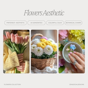 May include: Three images showcasing flower arrangements. The first image shows a bouquet of pink and white tulips held by a person wearing a yellow sweater. The second image shows a basket of white and yellow chrysanthemums. The third image shows a white cup with a floral design and a ring on a finger.