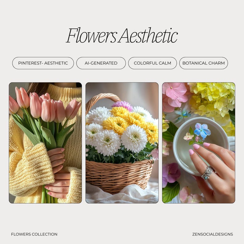May include: Three images showcasing flower arrangements. The first image shows a bouquet of pink and white tulips held by a person wearing a yellow sweater. The second image shows a basket of white and yellow chrysanthemums. The third image shows a white cup with a floral design and a ring on a finger.