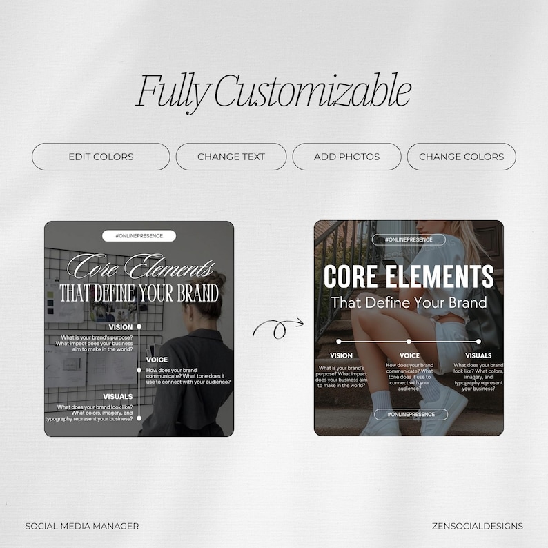 Może przedstawiać: Szablon projektu graficznego z tekstem "Core Elements That Define Your Brand" i schematem z napisami "Vision", "Voice" i "Visuals". Szablon jest w pełni konfigurowalny i można go edytować, aby zmienić kolory, tekst i dodać zdjęcia.