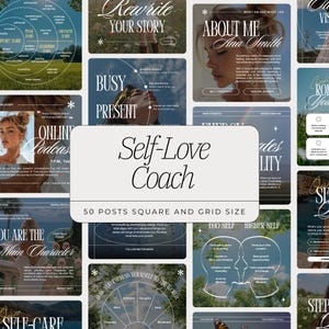 May include: A collage of colourful images with text about self-love and coaching. The text includes phrases like "Rewrite Your Story", "Busy Present", "Self-Love Coach", "Ego Self", "Higher Self", and "How You Express Yourself to the World".
