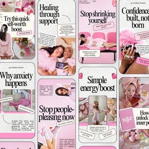 May include: A collage of pink-themed graphics with text promoting self-care and mental wellness. The images include phrases like "Healing through support," "Stop shrinking yourself," and "Simple energy boost." The overall theme is about self-improvement.