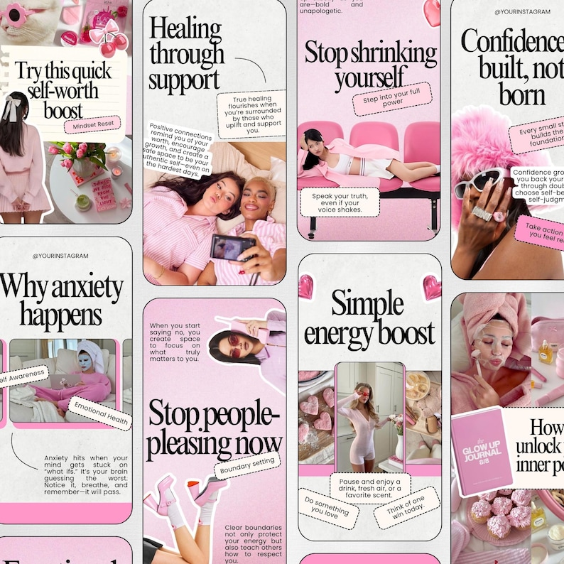May include: A collage of pink-themed graphics with text promoting self-care and mental wellness. The images include phrases like "Healing through support," "Stop shrinking yourself," and "Simple energy boost." The overall theme is about self-improvement.