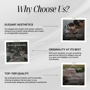 May include: A graphic design template with the text "Why Choose Us?" and three examples of designs. The designs are for social media posts and include the text "About Me", "Healthy Relationship", and "The Role of Emotional Safety in Love".