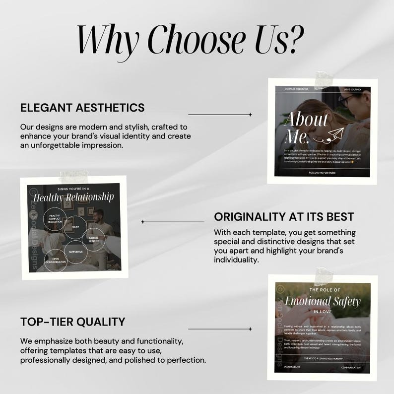 May include: A graphic design template with the text "Why Choose Us?" and three examples of designs. The designs are for social media posts and include the text "About Me", "Healthy Relationship", and "The Role of Emotional Safety in Love".