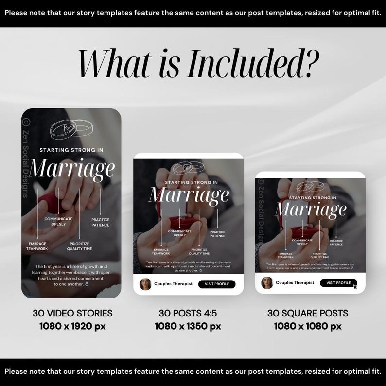 May include: A graphic design template for social media posts about marriage. The template features a couple's hands holding a ring box with the text "Starting Strong in Marriage". The template includes a list of tips for a successful marriage, such as "Communicate Openly", "Practice Patience", "Embrace Teamwork", and "Prioritize Quality Time". The template is available in three sizes: 30 video stories (1080 x 1920 pixels), 30 posts 4:5 (1080 x 1350 pixels), and 30 square posts (1080 x 1080 pixels).