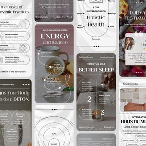 May include: A collage of images with text about holistic health and wellness practices. The images include a variety of natural remedies, supplements, and lifestyle tips. The text includes phrases like "The Basics of Ayurvedic Practices", "Supplements for Better Energy and Balance", "Essential Oils for Better Sleep", and "Integrating Holistic Medicine with Conventional Treatments".