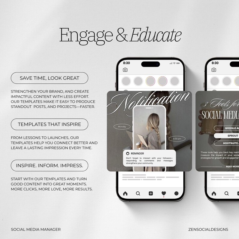 Może przedstawiać: Mockup ekranu telefonu pokazujący szablon postu w mediach społecznościowych z tekstem "Engage & Educate" i "Save Time, Look Great". Szablon postu zawiera przypomnienie o interakcji z obserwującymi i ikonę powiadomienia. Mockup ekranu telefonu znajduje się na białym tle.