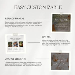 May include: A graphic design template with instructions on how to customize it. The template features a white background with black text and images of social media posts. The text includes "Easy Customizable", "Replace Photos", "Edit Text", and "Change Elements".