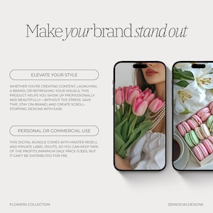 May include: Two phone screen mockups showcasing floral and dessert photography. The first mockup shows a bouquet of pink and white tulips held by a woman. The second mockup shows a box of pastel macarons and a cup of coffee.