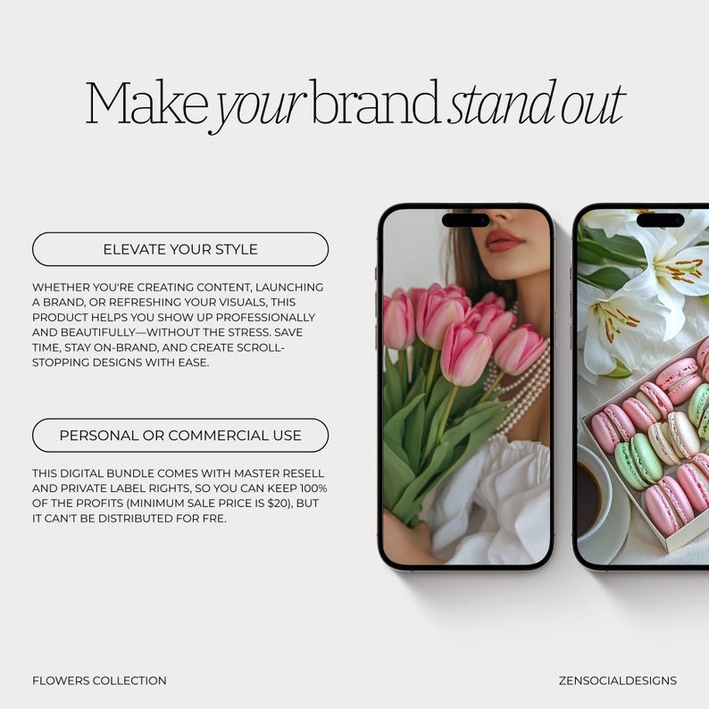 May include: Two phone screen mockups showcasing floral and dessert photography. The first mockup shows a bouquet of pink and white tulips held by a woman. The second mockup shows a box of pastel macarons and a cup of coffee.