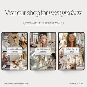 May include: Three digital mockups of phone screens showcasing different stock photo collections. The first screen features a collection of 100 stock photos with a health and wellness aesthetic. The second screen features a collection of 200 stock photos with a soft girl neutral aesthetic. The third screen features a collection of 100 stock photos with a holistic aesthetic.