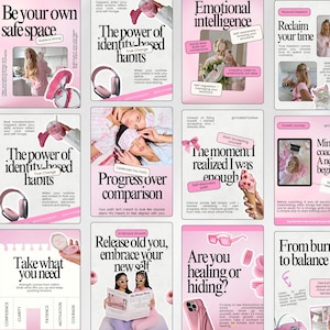 May include: A collection of pink and white inspirational posters with text and images. Topics include self-improvement, emotional intelligence, and personal growth. The posters feature quotes and illustrations.