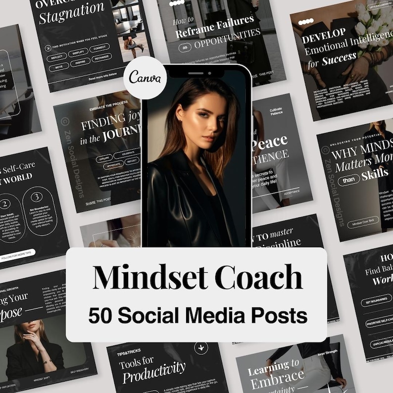 May include: A collection of 50 social media posts for a mindset coach. The posts feature black and white graphics with inspirational quotes and tips on topics such as self-care, emotional intelligence, and productivity. The text "Mindset Coach" and "50 Social Media Posts" are displayed in a white box.