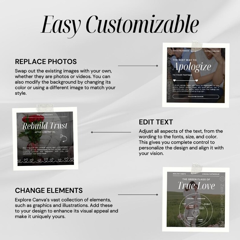 May include: A graphic design tutorial showing how to customize a social media post. The tutorial shows how to replace photos, edit text, and change elements. The tutorial includes three examples of social media posts: "The Best Way to Apologize to Your Partner", "Rebuild Trust After a Betrayal", and "The Green Flags of True Love".