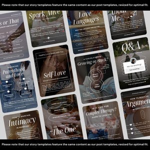 May include: A collage of 12 colorful Instagram story templates for relationship advice. The templates feature text and illustrations on topics such as love languages, self-love, intimacy, and resolving arguments.