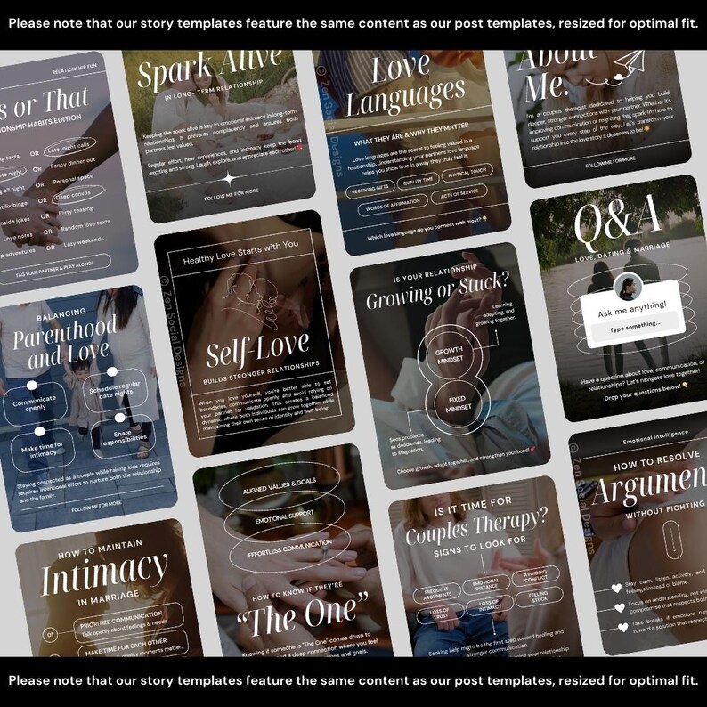 May include: A collage of 12 colorful Instagram story templates for relationship advice. The templates feature text and illustrations on topics such as love languages, self-love, intimacy, and resolving arguments.