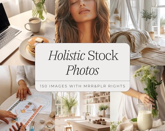 May include: A collage of images showcasing a variety of lifestyle and wellness themes. The images include a woman with her eyes closed, a kitchen with a white countertop and wooden stools, a bedroom with a white canopy bed, a plate of pancakes, a glass of milk, and a bouquet of white flowers.
