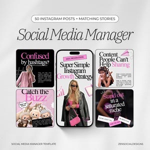 Pink Social Media Manager Instagram Templates | 50 Posts and 50 Stories | Aesthetic Canva Templates for Coaches & Content Creators