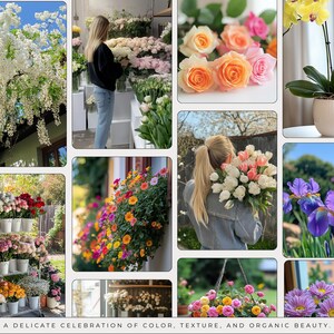 May include: A collage of images featuring various types of flowers in different colors and arrangements. The images include a bouquet of white and pink tulips, a hanging basket of pink and yellow flowers, a potted orchid with yellow flowers, and a variety of other flowers in different colors and arrangements.