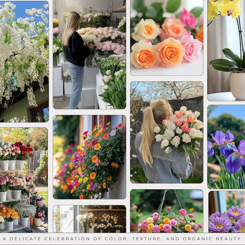 May include: A collage of images featuring various types of flowers in different colors and arrangements. The images include a bouquet of white and pink tulips, a hanging basket of pink and yellow flowers, a potted orchid with yellow flowers, and a variety of other flowers in different colors and arrangements.