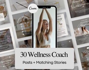 May include: A collage of 30 social media posts for a wellness coach. The posts feature a variety of topics, including mindful morning routines, aromatherapy, self-love, and gratitude. The posts are designed in a minimalist style with a neutral color palette.