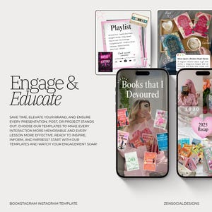 May include: A promotional image featuring a phone displaying a "Books that I Devoured" post, surrounded by book covers. Other elements include a playlist graphic, a cassette tape, and text that reads "Engage & Educate" and "Bookstagram Instagram Template."