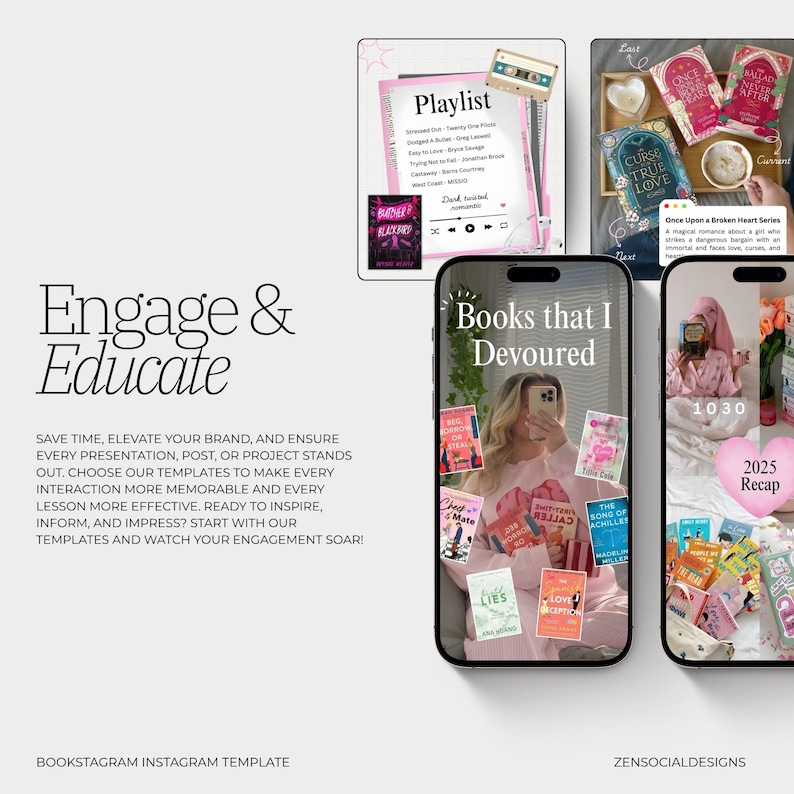 May include: A promotional image featuring a phone displaying a "Books that I Devoured" post, surrounded by book covers. Other elements include a playlist graphic, a cassette tape, and text that reads "Engage & Educate" and "Bookstagram Instagram Template."