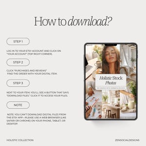 Może przedstawiać: Biało-szara grafika z instrukcjami, jak pobierać pliki cyfrowe z Etsy. Grafika zawiera tekst "How to download?" i "Holistic Stock Photos 150 Images with MRAPLR Rights".