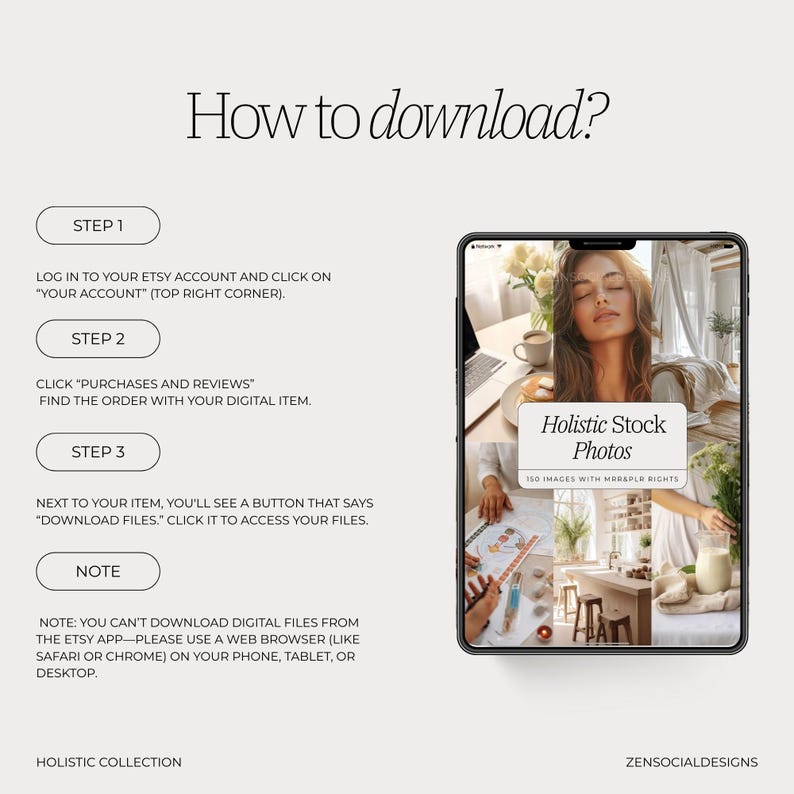 Może przedstawiać: Biało-szara grafika z instrukcjami, jak pobierać pliki cyfrowe z Etsy. Grafika zawiera tekst "How to download?" i "Holistic Stock Photos 150 Images with MRAPLR Rights".