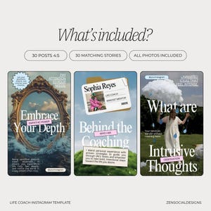 Puede incluir: Plantilla digital para publicaciones de Instagram, con tres maquetas con superposiciones de texto. La primera dice "Embrace Your Depth", la segunda "Behind the Coaching" y la tercera "Intrusive Thoughts". La plantilla incluye 30 publicaciones, 30 historias y todas las fotos.