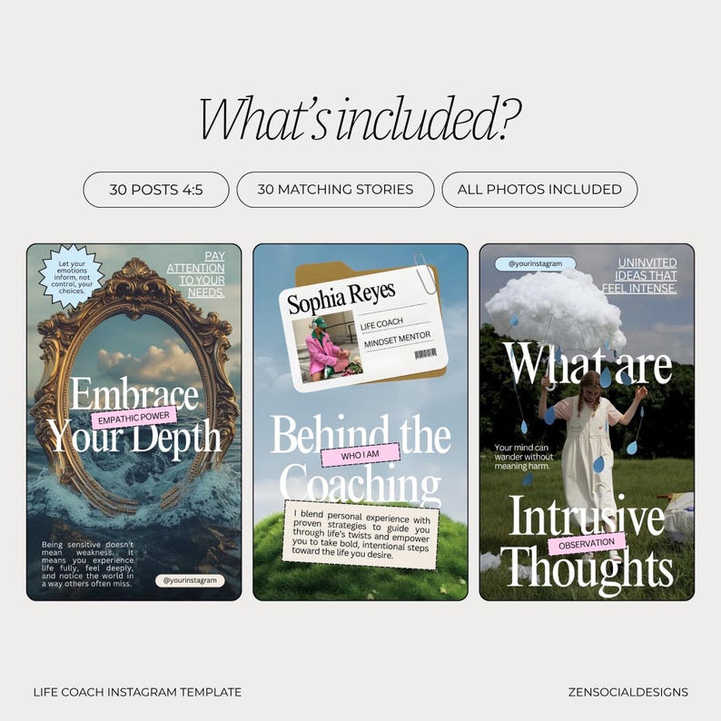 Puede incluir: Plantilla digital para publicaciones de Instagram, con tres maquetas con superposiciones de texto. La primera dice "Embrace Your Depth", la segunda "Behind the Coaching" y la tercera "Intrusive Thoughts". La plantilla incluye 30 publicaciones, 30 historias y todas las fotos.