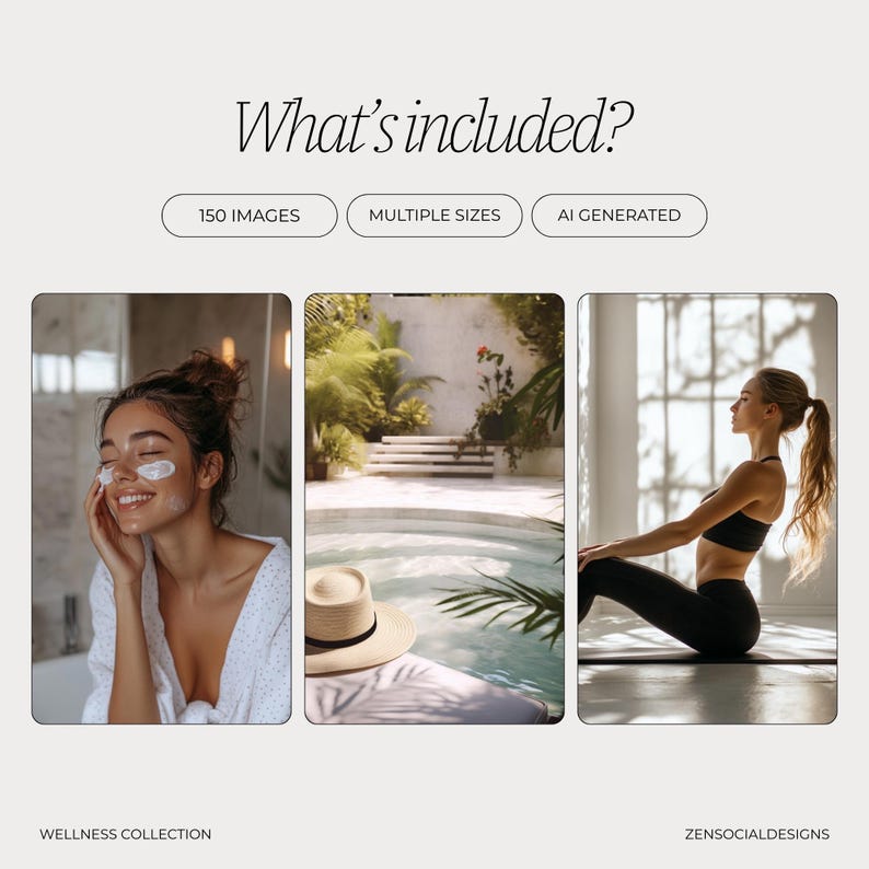 May include: A collection of 150 AI-generated images featuring wellness themes. The images include a woman applying a face mask, a woman meditating, and a poolside scene.