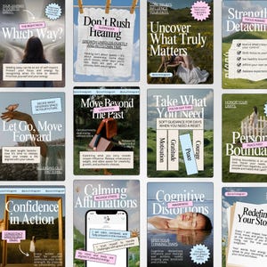Puede incluir: Una colecci&oacute;n de carteles inspiradores con texto sobre un fondo blanco. Los temas incluyen la autorreflexi&oacute;n, la curaci&oacute;n y el crecimiento personal. Los carteles presentan frases como "&iquest;Qu&eacute; camino?" y "Dejar ir, seguir adelante".
