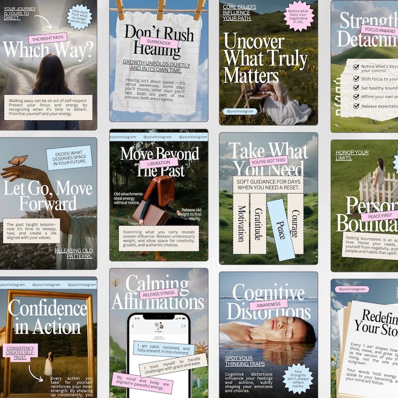 Puede incluir: Una colecci&oacute;n de carteles inspiradores con texto sobre un fondo blanco. Los temas incluyen la autorreflexi&oacute;n, la curaci&oacute;n y el crecimiento personal. Los carteles presentan frases como "&iquest;Qu&eacute; camino?" y "Dejar ir, seguir adelante".
