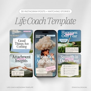 Può includere: Un modello digitale per post e storie di Instagram, progettato per i life coach. Il design presenta sei diversi modelli con sovrapposizioni di testo, tra cui "Good Things Are Coming" e "When a Panic Attack Strikes."