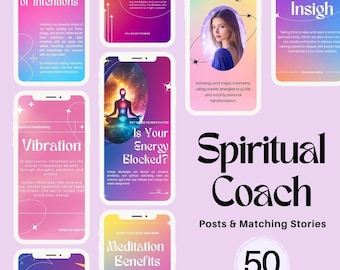 Plantillas de Instagram para coaches espirituales / 50 publicaciones y 50 historias / Contenido holístico y conmovedor para coaches / Diseños personalizables de Canva