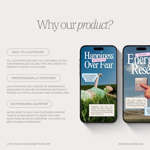 Puede incluir: Imagen promocional para una plantilla de Instagram de coach de vida. La imagen presenta dos maquetas de tel&eacute;fonos inteligentes que muestran plantillas con el texto "Happiness Over Fear" y "Energy Reset". La imagen tambi&eacute;n incluye texto que describe las caracter&iacute;sticas del producto.