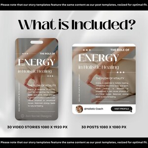 May include: Two social media post templates for holistic healing. The templates feature a white background with a light brown border and the text "The Role of Energy in Holistic Healing". The text is in a bold, sans-serif font. The templates also feature a photo of hands holding a crystal. The text "Healing Starts with Energy" is written vertically on the left side of the template. The text "The Flow of Vitality" is written below the photo of the hands. The text "30 Video Stories 1080 x 1920 px" is written below the template on the left. The text "30 Posts 1080 x 1080 px" is written below the template on the right. The template on the right also features a profile picture of a woman and the text "@Holistic Coach" and "Visit Profile".