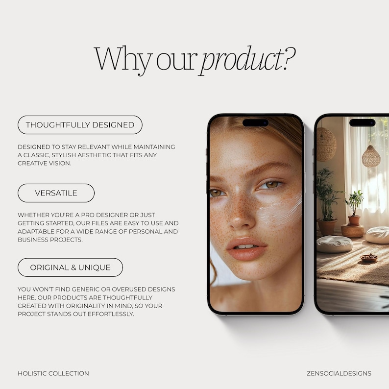 Może przedstawiać: Szablon projektu graficznego z tekstem "Why our product?" i listą funkcji: Thoughtfully Designed, Versatile, Original & Unique. Szablon zawiera dwa obrazy kobiety i pokoju z rośliną i dywanem.