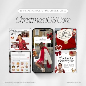 Puede incluir: Una plantilla de marketing digital para Instagram, con temática navideña. El diseño incluye maquetas de pantallas de teléfono con gráficos y texto festivos, como "Merry Christmas" y "Content for the new year". La combinación de colores es rojo, blanco y dorado.