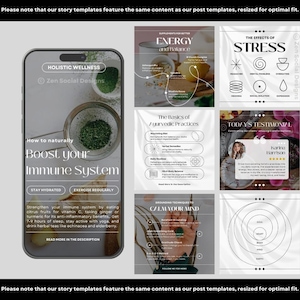 May include: A collection of six social media story templates for holistic wellness. The templates feature white text on a textured white background with black outlines. The templates cover topics such as boosting your immune system, energy and balance, the effects of stress, the basics of Ayurvedic practices, grounding techniques to calm your mind, and a testimonial from a satisfied customer.