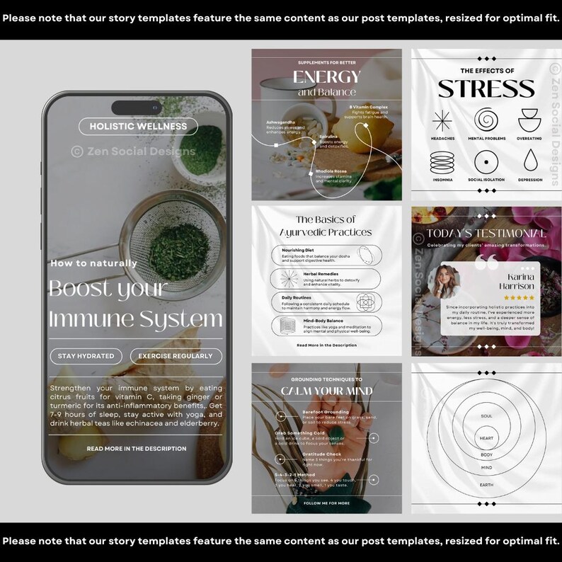 May include: A collection of six social media story templates for holistic wellness. The templates feature white text on a textured white background with black outlines. The templates cover topics such as boosting your immune system, energy and balance, the effects of stress, the basics of Ayurvedic practices, grounding techniques to calm your mind, and a testimonial from a satisfied customer.