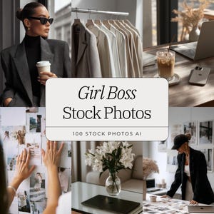 May include: A collage of images featuring a woman in a blazer, clothing on hangers, a laptop, a drink, and a vase of flowers. The text "Girl Boss Stock Photos" is displayed on a white rectangle.