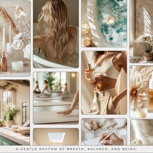 May include: A collage of images depicting a calming and relaxing atmosphere. The images include a woman in a bathtub, a yoga studio, a candle, a flower, a notebook, and a bottle of essential oil. The text "A GENTLE RHYTHM OF BREATH, BALANCE, AND BEING." is at the bottom of the collage.