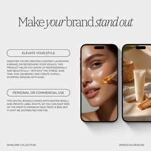 May include: A promotional image with the text "Make your brand stand out." It features a woman's face with skincare products on a smartphone screen. The image also includes a tube of cream, a comb, and a woven basket.